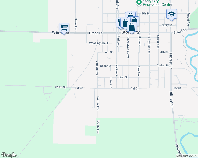map of restaurants, bars, coffee shops, grocery stores, and more near 130 Larson Avenue in Story City