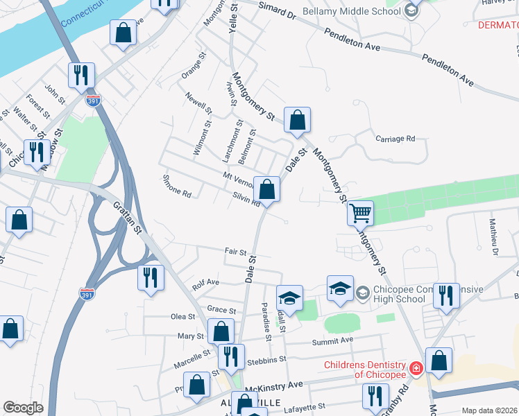 map of restaurants, bars, coffee shops, grocery stores, and more near 366 Dale Street in Chicopee