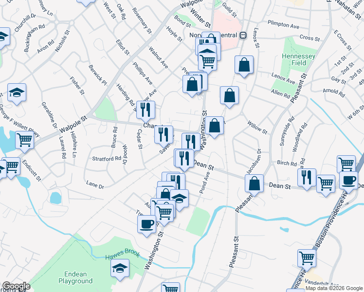 map of restaurants, bars, coffee shops, grocery stores, and more near 15 Johnson Court in Norwood