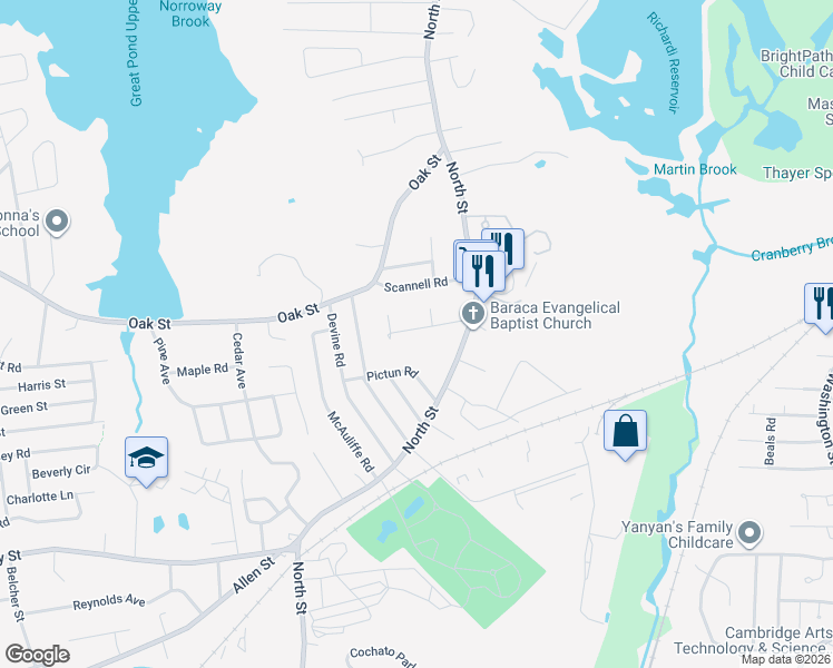 map of restaurants, bars, coffee shops, grocery stores, and more near 14 Brewster Road in Randolph