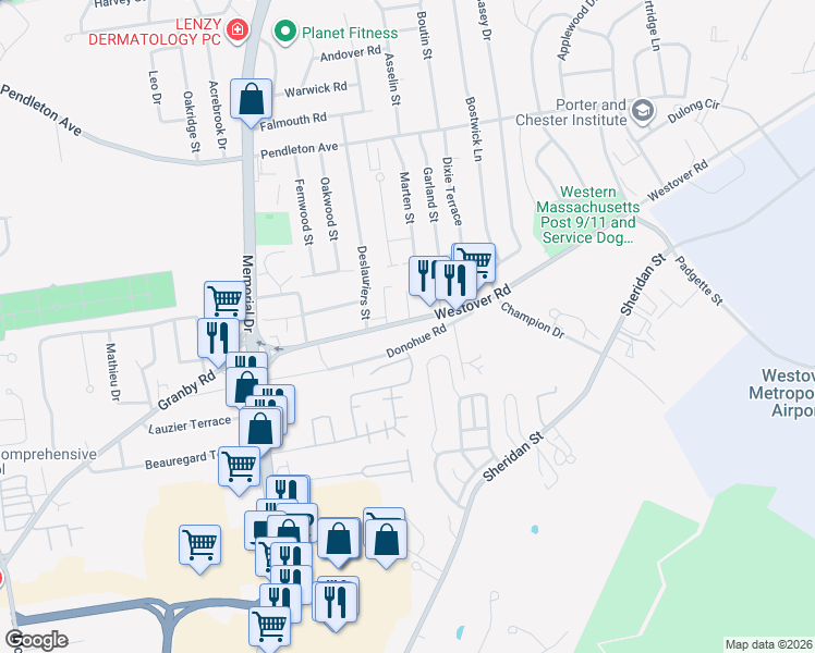 map of restaurants, bars, coffee shops, grocery stores, and more near 1687 Westover Road in Chicopee