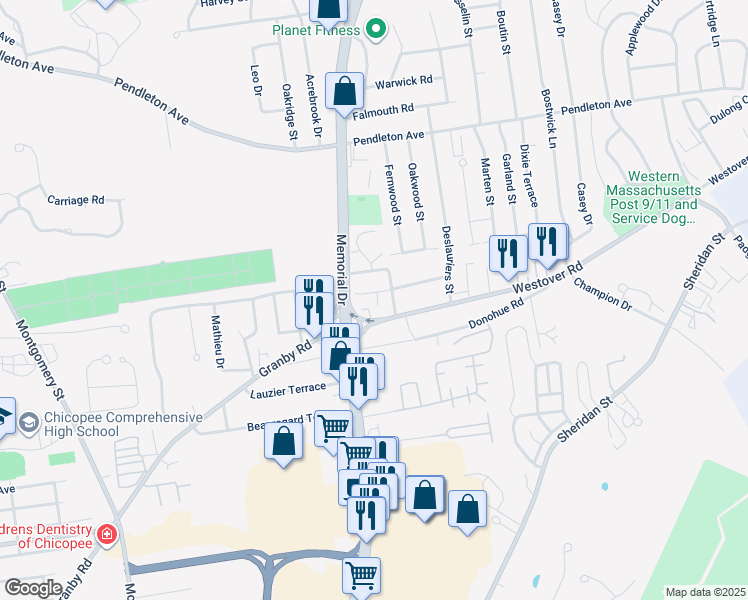 map of restaurants, bars, coffee shops, grocery stores, and more near 25 Piquette Avenue in Chicopee
