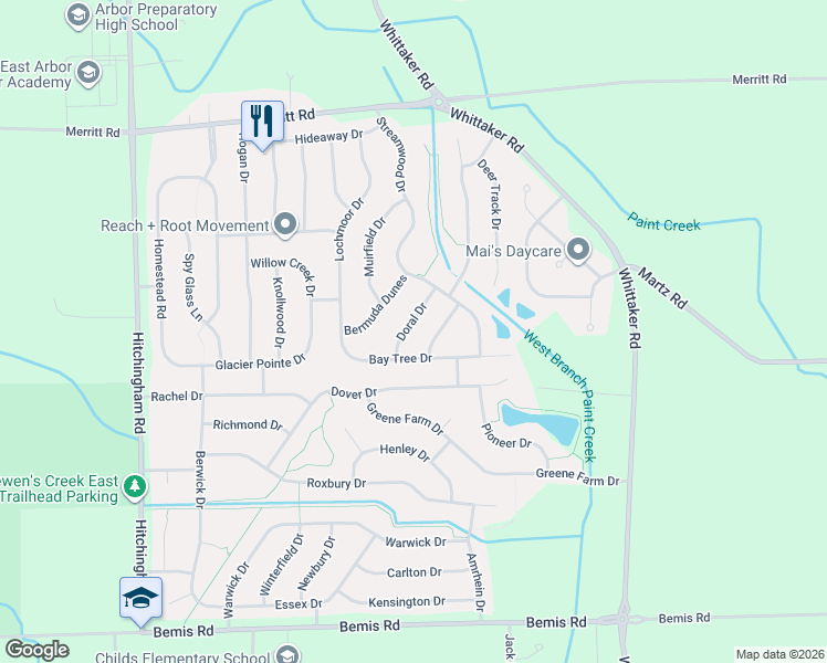 map of restaurants, bars, coffee shops, grocery stores, and more near 7553 Doral Drive in Ypsilanti