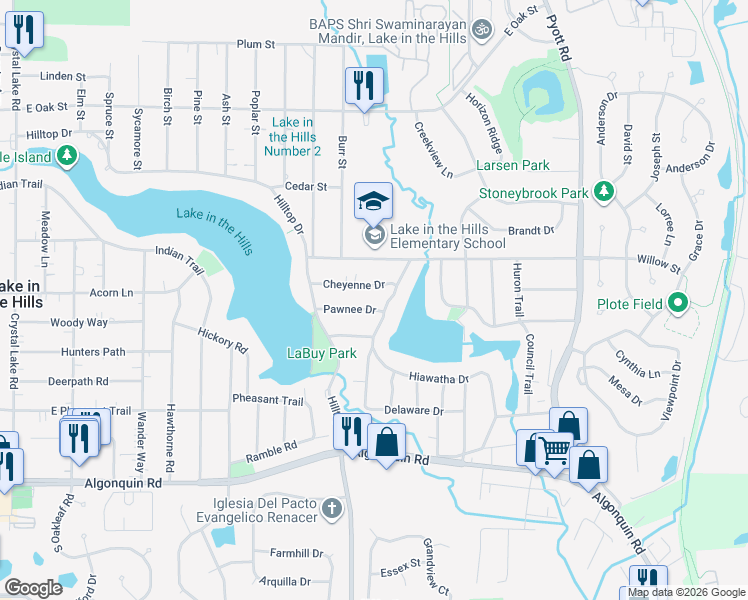map of restaurants, bars, coffee shops, grocery stores, and more near 521 Pawnee Drive in Lake in the Hills