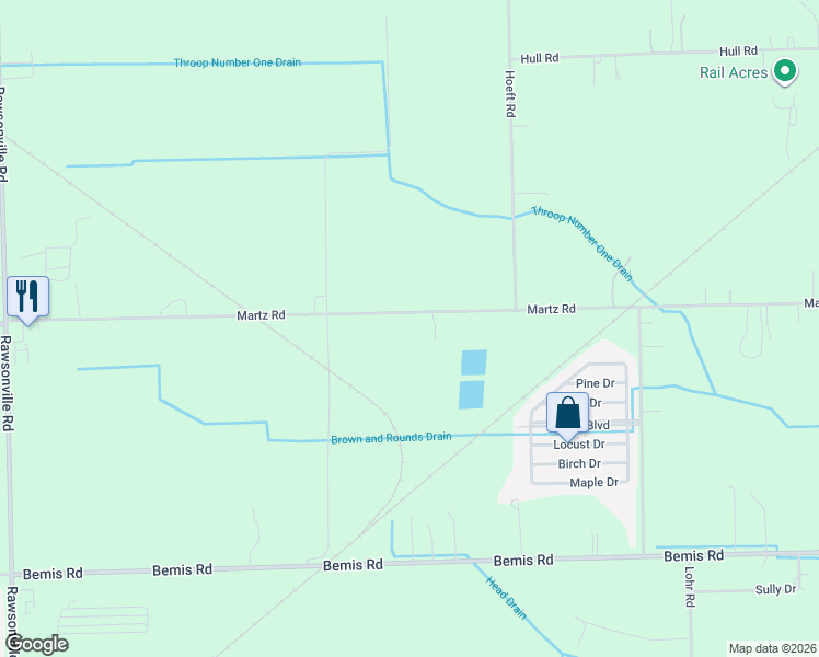 map of restaurants, bars, coffee shops, grocery stores, and more near 49849 Martz Road in Belleville