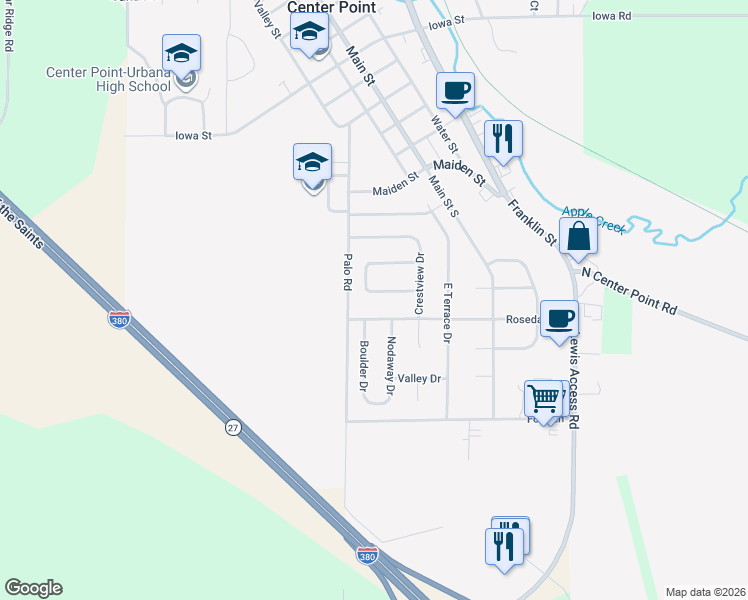 map of restaurants, bars, coffee shops, grocery stores, and more near 120 South Hillcrest Circle in Center Point