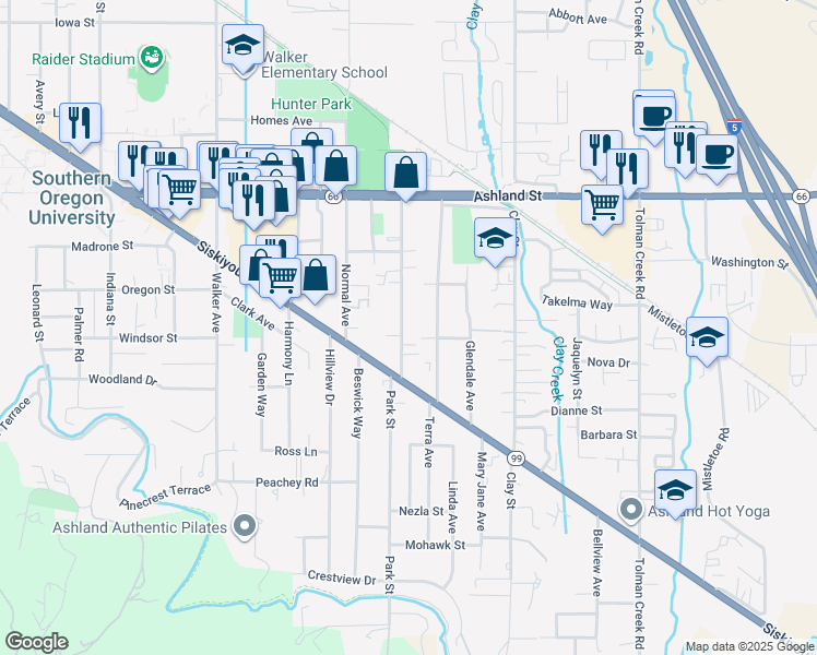 map of restaurants, bars, coffee shops, grocery stores, and more near 756 Park Street in Ashland