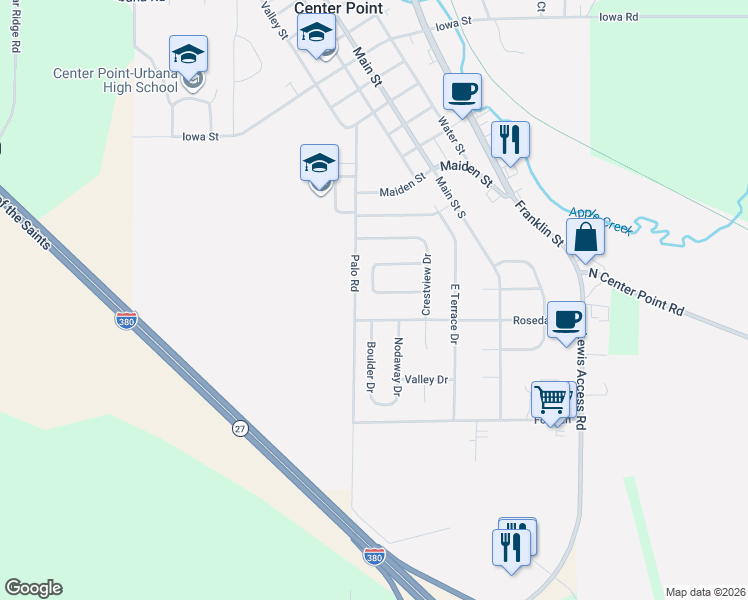 map of restaurants, bars, coffee shops, grocery stores, and more near 120 South Hillcrest Circle in Center Point