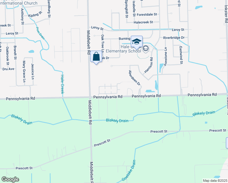 map of restaurants, bars, coffee shops, grocery stores, and more near 28816 Whitby Drive in Romulus