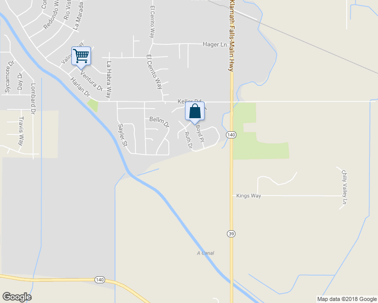 map of restaurants, bars, coffee shops, grocery stores, and more near 7348 Ruth Drive in Klamath Falls