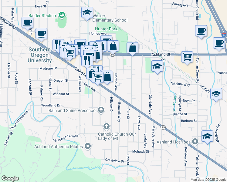 map of restaurants, bars, coffee shops, grocery stores, and more near 1765 Siskiyou Blvd in Ashland