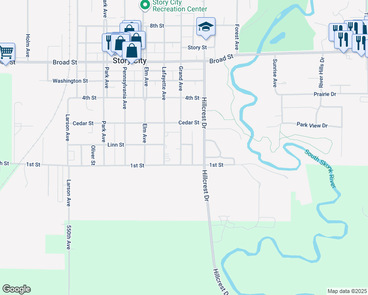 map of restaurants, bars, coffee shops, grocery stores, and more near 906 Linn Street in Story City