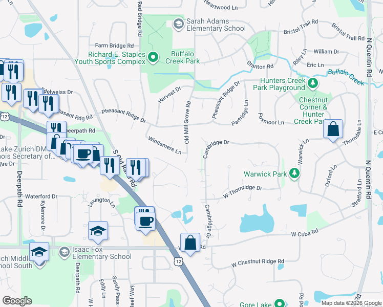 map of restaurants, bars, coffee shops, grocery stores, and more near 1004 Old Mill Grove Road in Lake Zurich