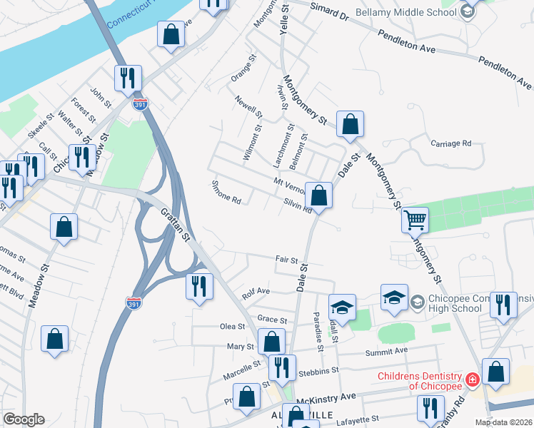 map of restaurants, bars, coffee shops, grocery stores, and more near 27 Janine Street in Chicopee