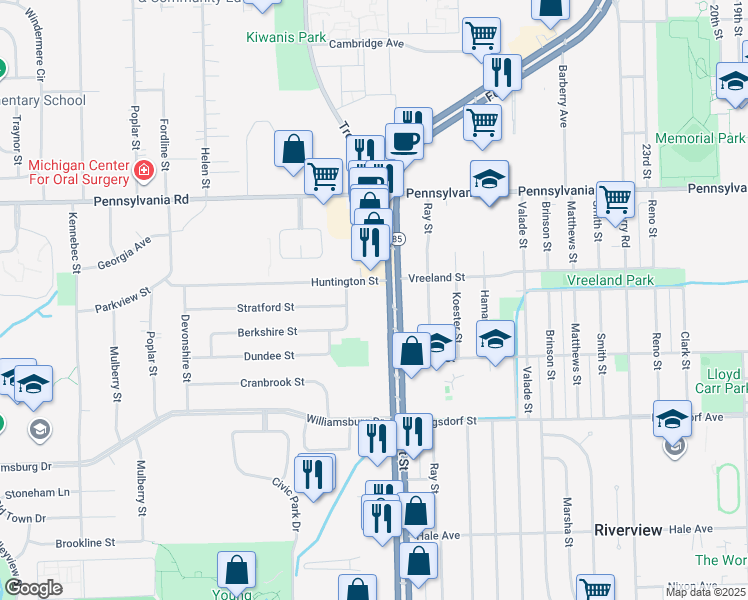 map of restaurants, bars, coffee shops, grocery stores, and more near 17400 Fort Street in Riverview