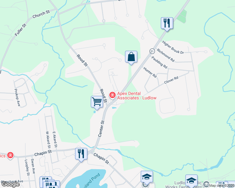 map of restaurants, bars, coffee shops, grocery stores, and more near 101 Meadowecrest Circle in Ludlow
