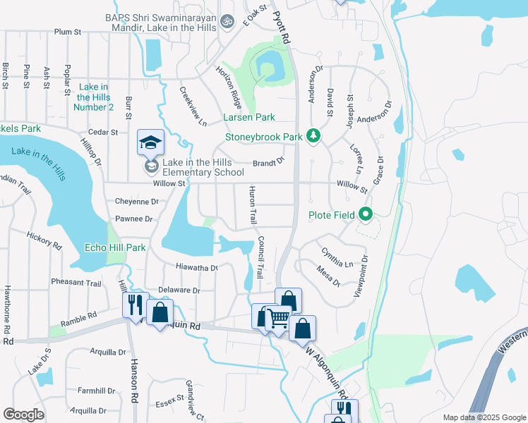 map of restaurants, bars, coffee shops, grocery stores, and more near 821 Navajo Drive in Lake in the Hills