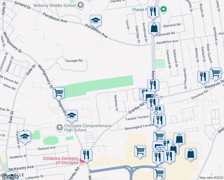 map of restaurants, bars, coffee shops, grocery stores, and more near 72 Woodcrest Drive in Chicopee