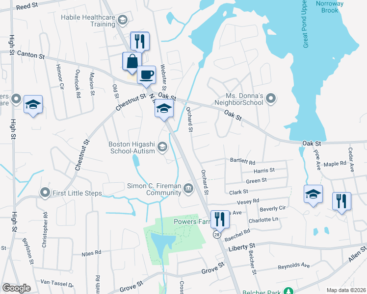 map of restaurants, bars, coffee shops, grocery stores, and more near 731 North Main Street in Randolph