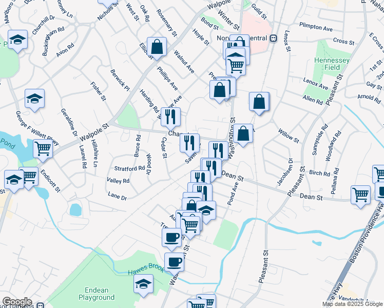 map of restaurants, bars, coffee shops, grocery stores, and more near 38 Savin Avenue in Norwood