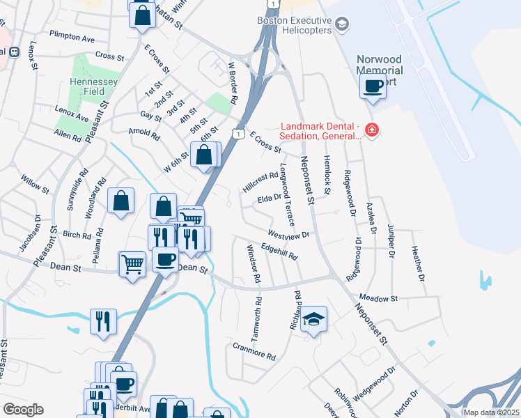 map of restaurants, bars, coffee shops, grocery stores, and more near 19 Orchard Lane in Norwood