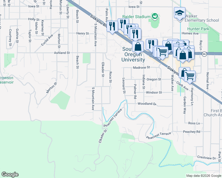 map of restaurants, bars, coffee shops, grocery stores, and more near 766 Roca Street in Ashland