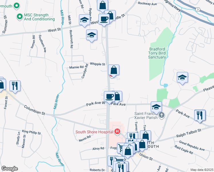 map of restaurants, bars, coffee shops, grocery stores, and more near 15 Dunbar Road in Weymouth