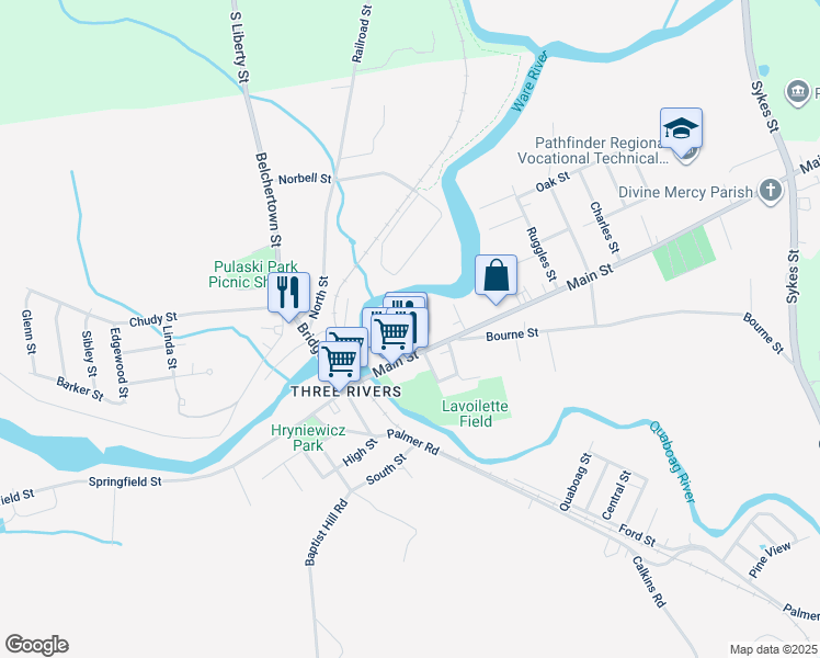 map of restaurants, bars, coffee shops, grocery stores, and more near 13 Lariviere Avenue in Palmer