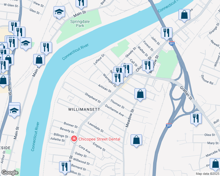 map of restaurants, bars, coffee shops, grocery stores, and more near 22 Artisan Street in Chicopee