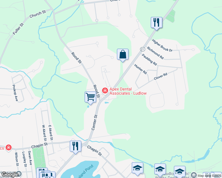 map of restaurants, bars, coffee shops, grocery stores, and more near 101 Meadowecrest Circle in Ludlow