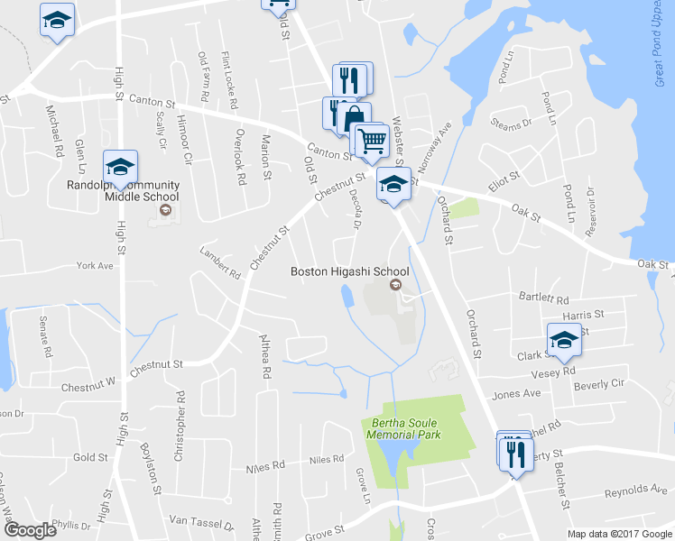 map of restaurants, bars, coffee shops, grocery stores, and more near 26 Decota Drive in Randolph