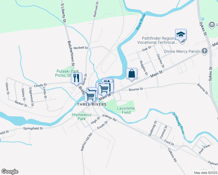 map of restaurants, bars, coffee shops, grocery stores, and more near 1 Off Lariviere Avenue in Palmer