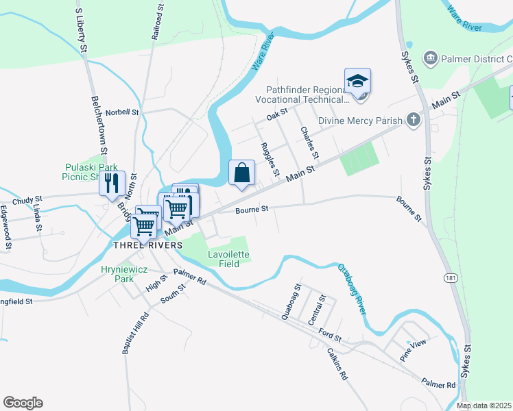 map of restaurants, bars, coffee shops, grocery stores, and more near 38 Bourne Street in Palmer