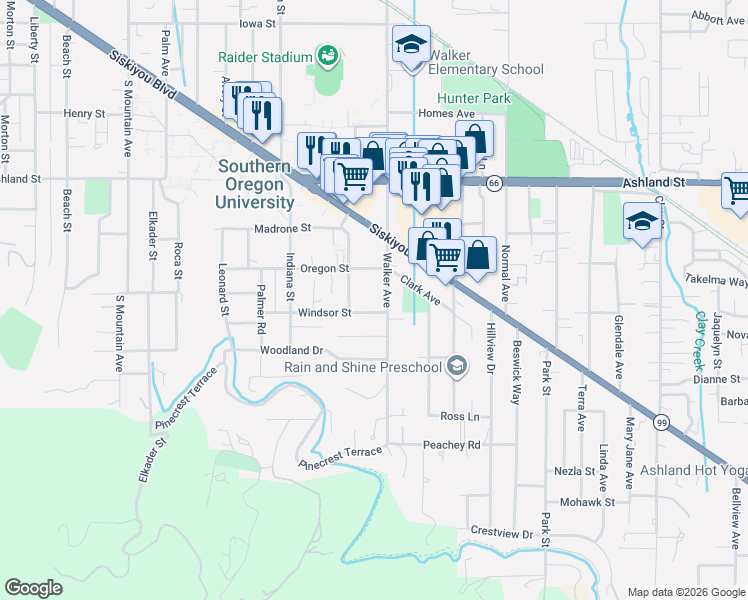 map of restaurants, bars, coffee shops, grocery stores, and more near 740 Walker Avenue in Ashland