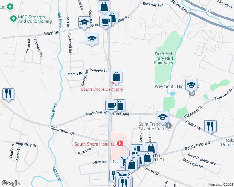 map of restaurants, bars, coffee shops, grocery stores, and more near 714 Main Street in Weymouth