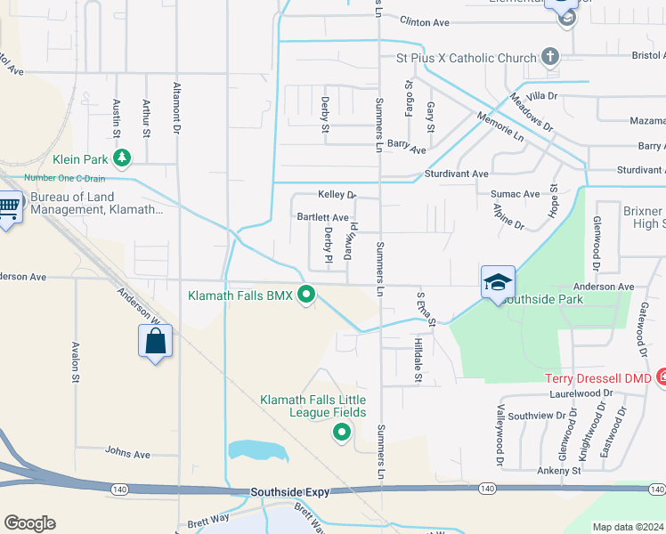 map of restaurants, bars, coffee shops, grocery stores, and more near 3923 Gregory Drive in Klamath Falls