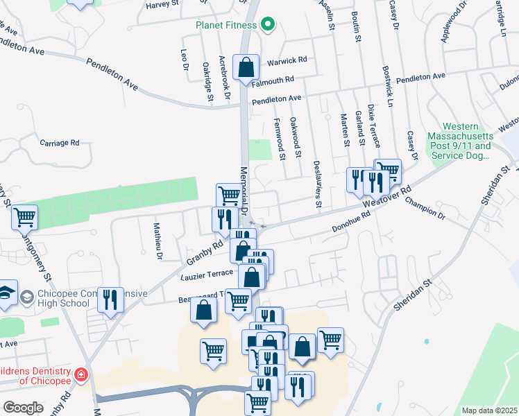 map of restaurants, bars, coffee shops, grocery stores, and more near 25 Piquette Avenue in Chicopee