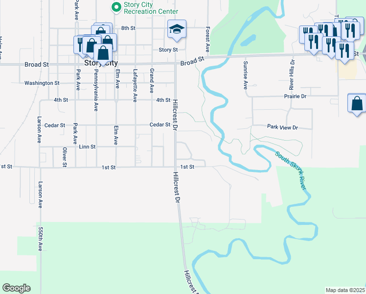 map of restaurants, bars, coffee shops, grocery stores, and more near 1055 Forty Oaks Drive in Story City