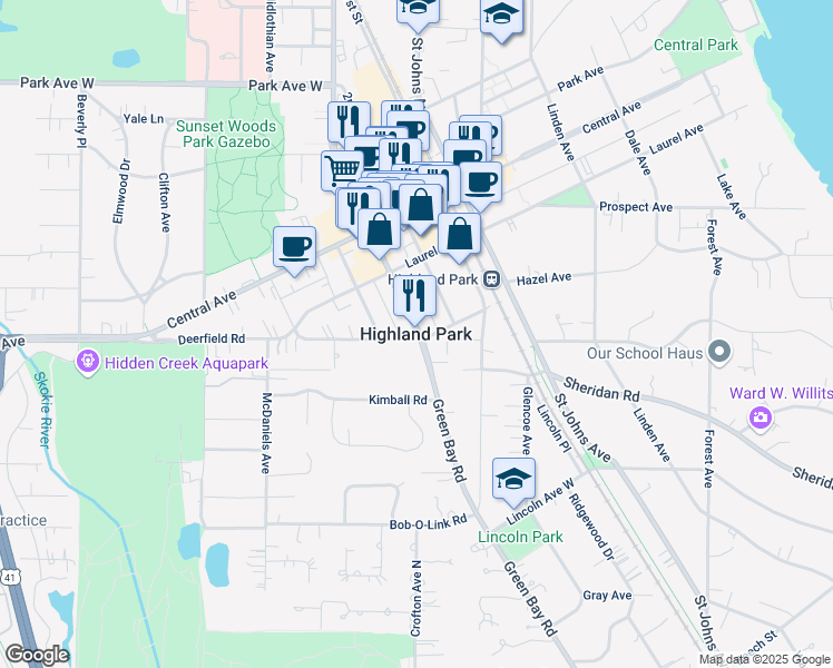 map of restaurants, bars, coffee shops, grocery stores, and more near in Highland Park