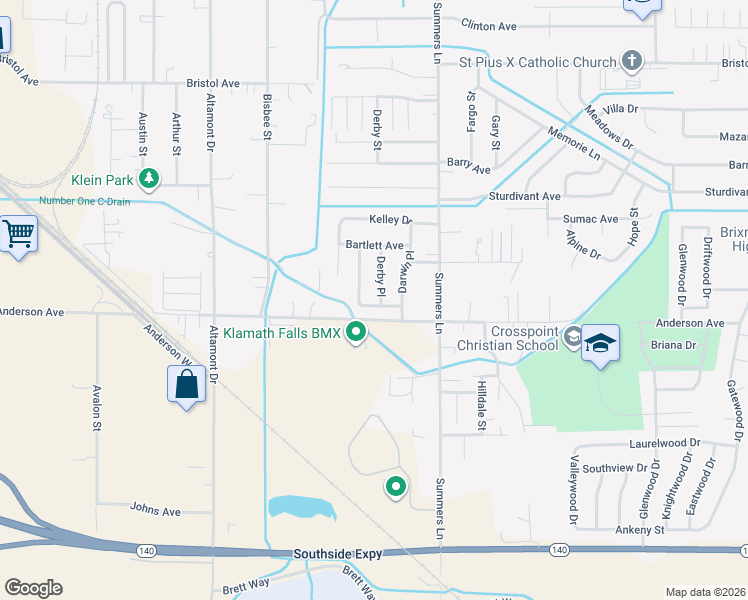 map of restaurants, bars, coffee shops, grocery stores, and more near 3923 Gregory Drive in Klamath Falls