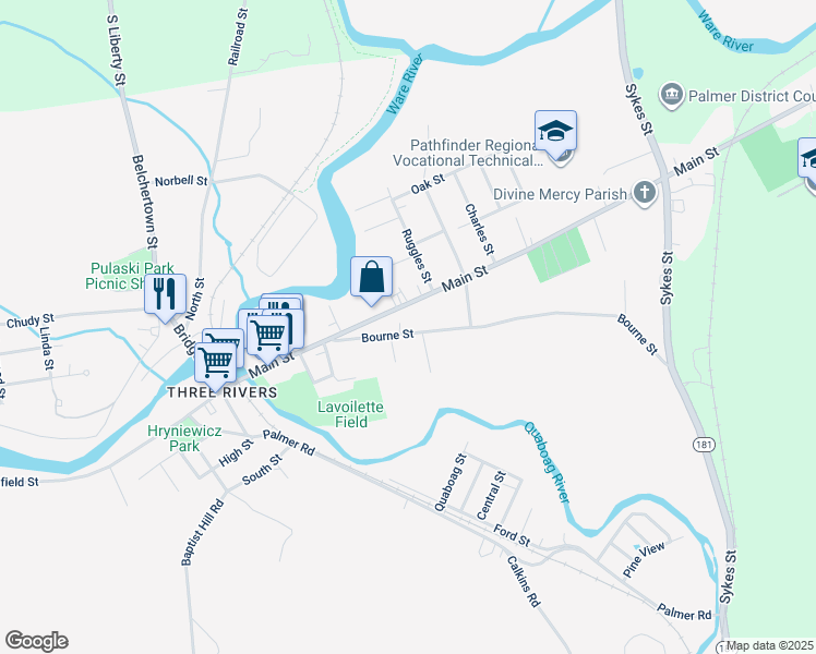 map of restaurants, bars, coffee shops, grocery stores, and more near 38 Bourne Street in Palmer