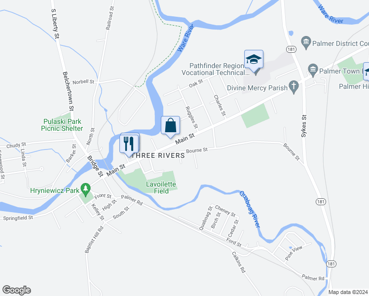 map of restaurants, bars, coffee shops, grocery stores, and more near 38 Bourne Street in Palmer