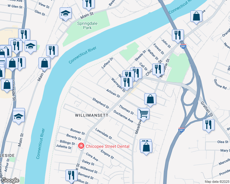map of restaurants, bars, coffee shops, grocery stores, and more near 22 Artisan Street in Chicopee