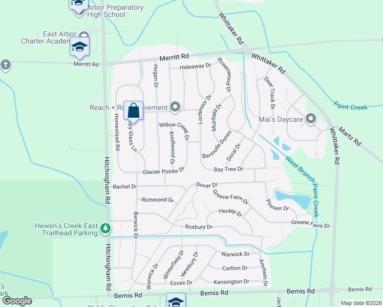 map of restaurants, bars, coffee shops, grocery stores, and more near 7451 Willow Creek Drive in Ypsilanti