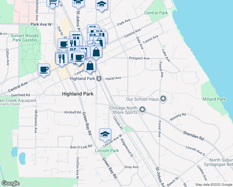 map of restaurants, bars, coffee shops, grocery stores, and more near 511 Ravine Drive in Highland Park