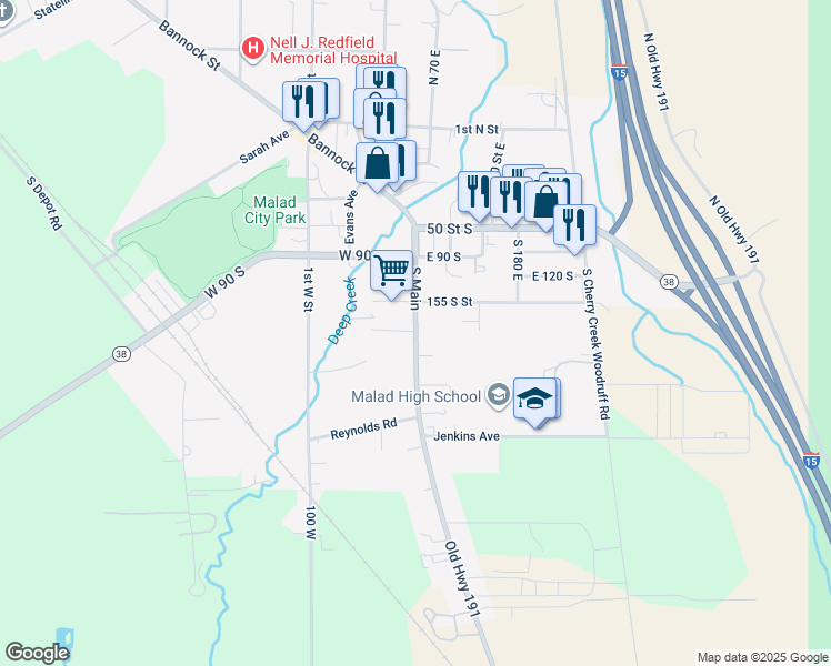 map of restaurants, bars, coffee shops, grocery stores, and more near 170 South Main Street in Malad City