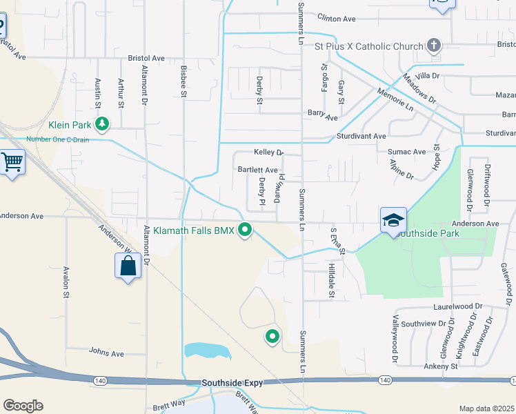 map of restaurants, bars, coffee shops, grocery stores, and more near 3923 Gregory Drive in Klamath Falls