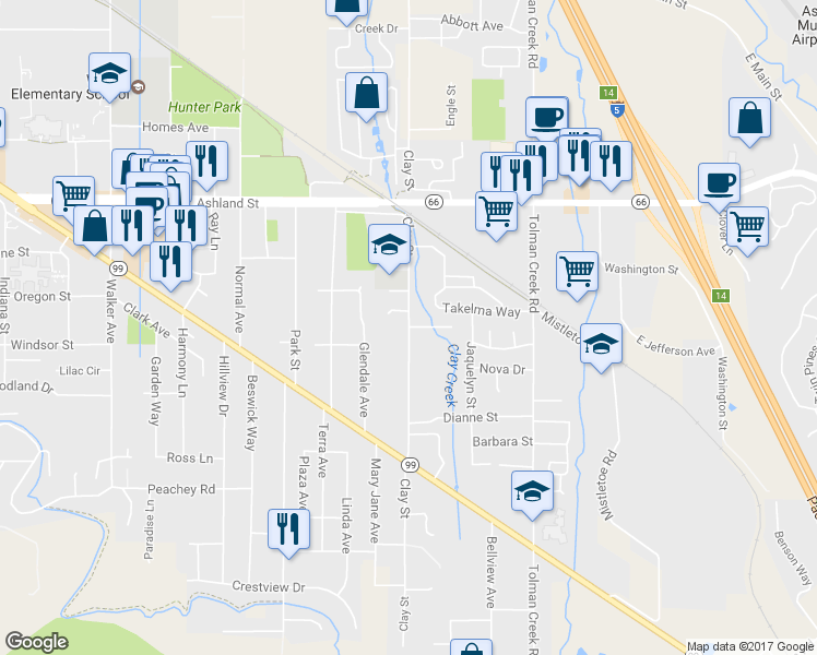 map of restaurants, bars, coffee shops, grocery stores, and more near Clay Street in Ashland