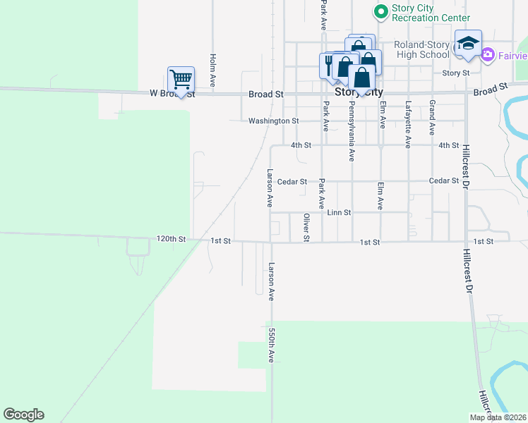 map of restaurants, bars, coffee shops, grocery stores, and more near 130 Larson Avenue in Story City