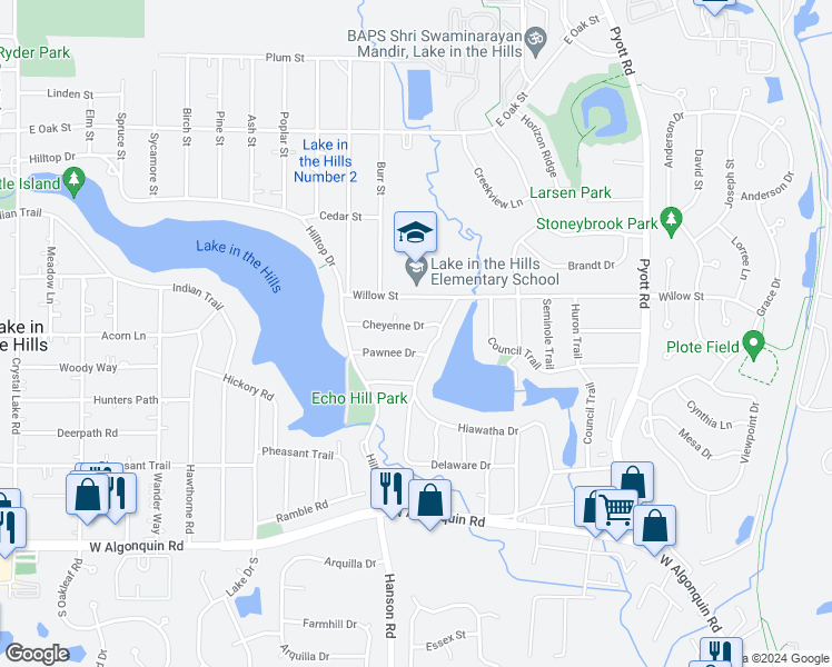map of restaurants, bars, coffee shops, grocery stores, and more near 522 Cheyenne Drive in Lake in the Hills